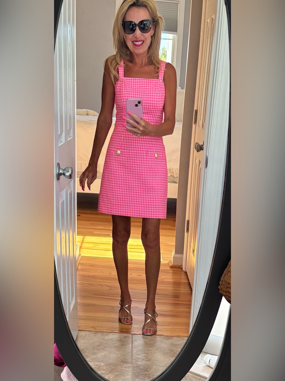 Lilly Pulitzer Pink Gingham Square-Neck Mini Dress with Gold Buttons